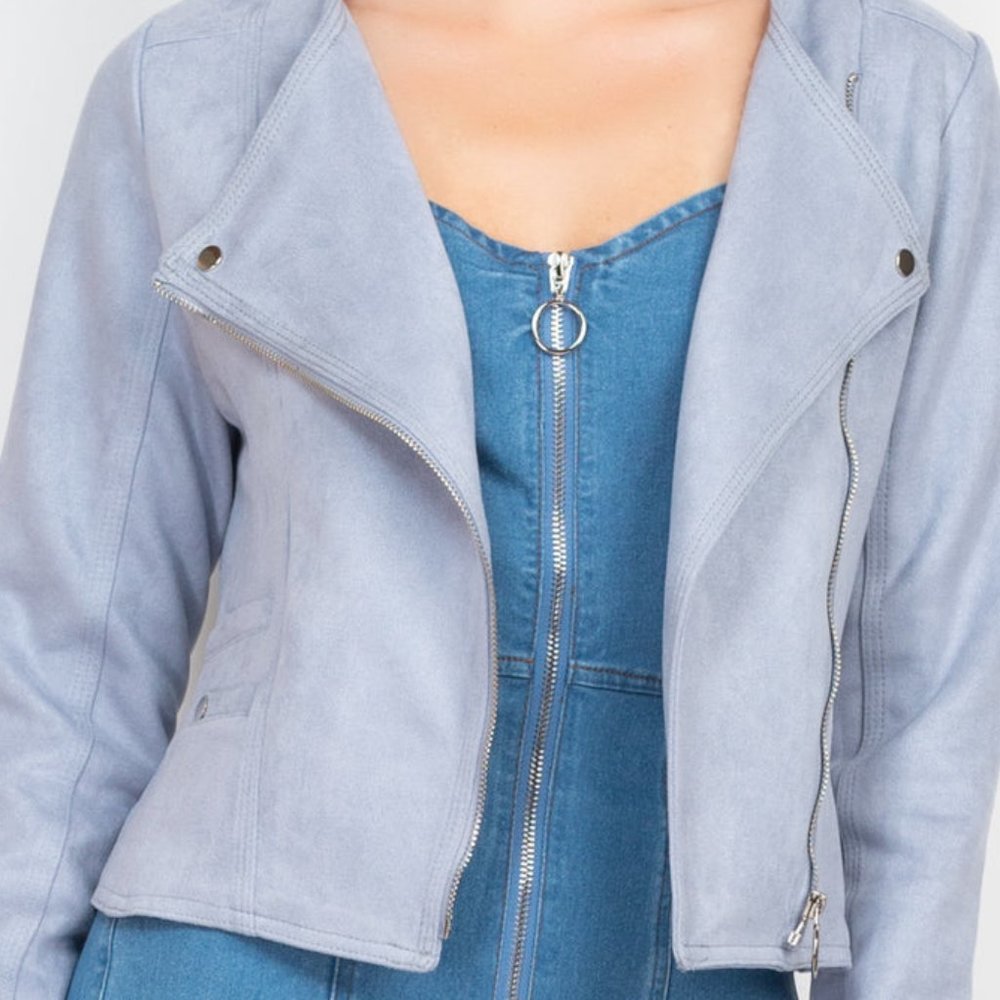 Cropped Zip-up Moto Suede Jacket | Dusty Blue